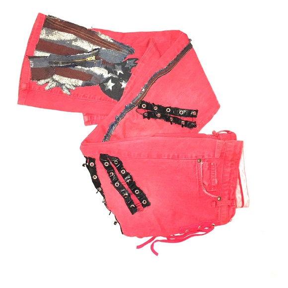 stars & stripes red patchwork flared vintage skinny jeans - Picture 4 of 8